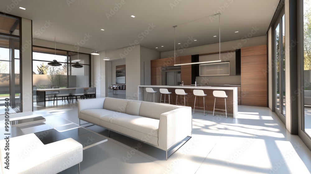 Fototapeta premium A modern minimalist home interior design with clean lines, sleek furniture, and neutral color palette, featuring an open-concept living space connected to a spacious kitchen, bathed in natural light