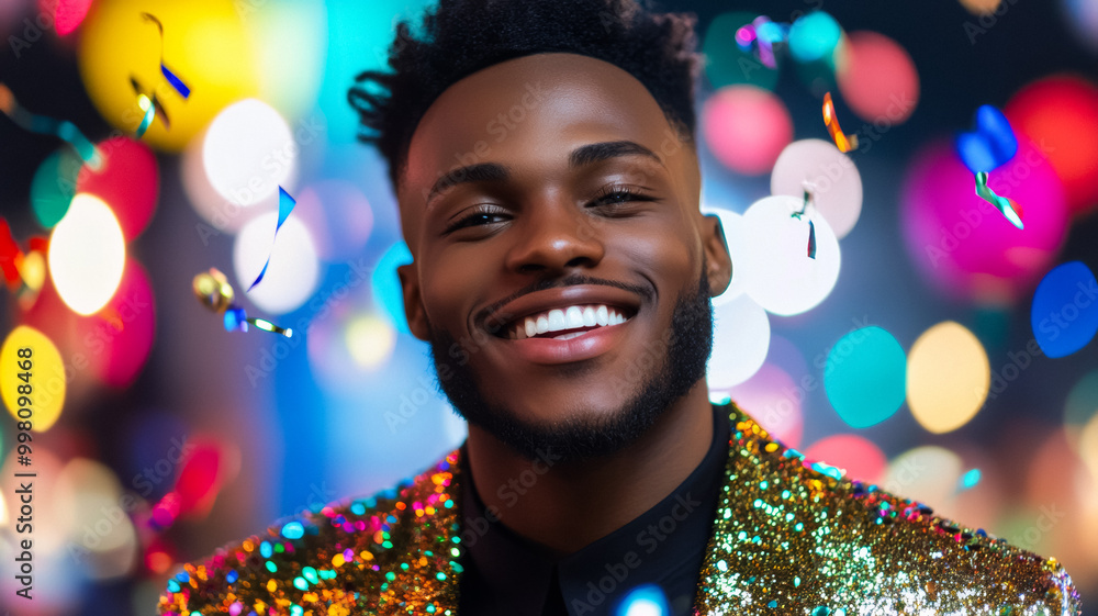 Young man with a glowing grin blowing party horn streamers wearing a sequined New Years jacket Young man with a glowing grin blowing party horn streamers wearing a sequined New Years jacket