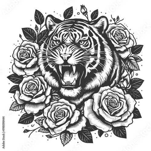Wallpaper Mural roaring tiger surrounded by blooming roses, tattoo. Fierce wildlife with delicate floral elements sketch engraving generative ai vector illustration. Scratch board imitation. Black and white image. Torontodigital.ca