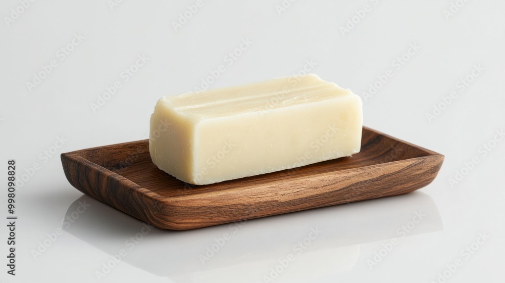 A bar of soap on a wooden soap tray, isolated on a white background A bar of soap on a wooden soap tray, isolated on a white background