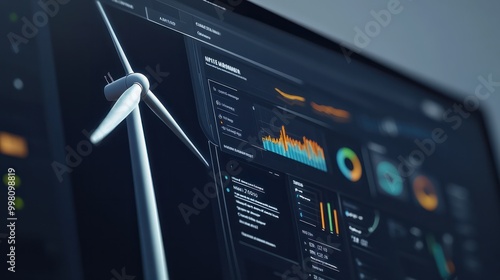 A sophisticated wind turbine data analytics dashboard displaying real-time metrics and graphs for assessing the efficiency and profitability of renewable energy production. photo