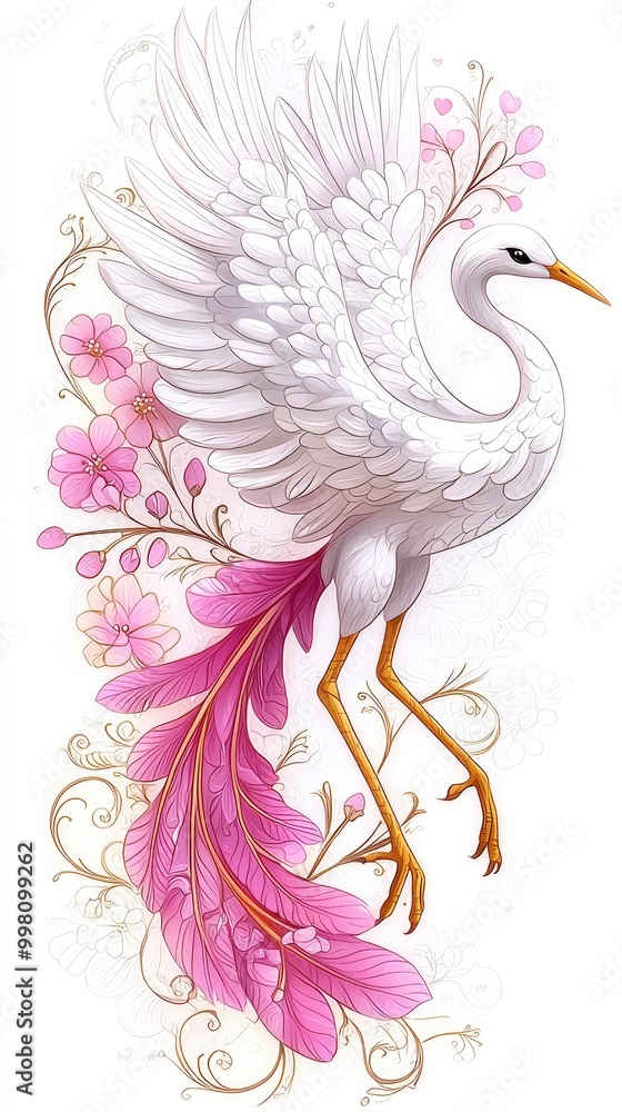 Elegant White Bird with Pink Feathers and Flowers Elegant White Bird with Pink Feathers and Flowers