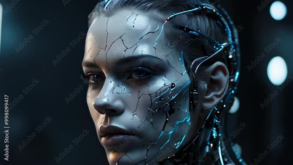 A woman with a face made of metal and wires A woman with a face made of metal and wires