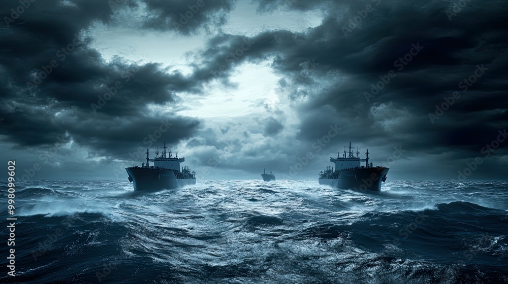 Stormy sea with ships navigating turbulent waters. Stormy sea with ships navigating turbulent waters.
