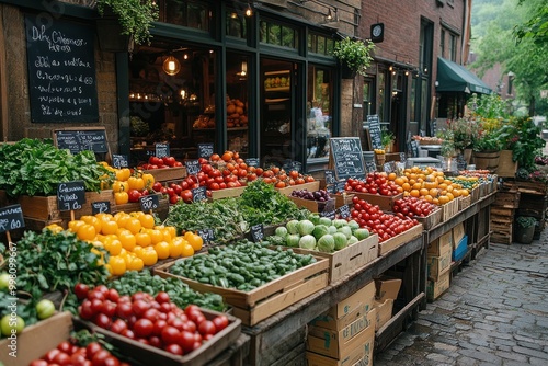 A vibrant display of fresh produce in wooden crates lines the sidewalk outside a small grocery store.