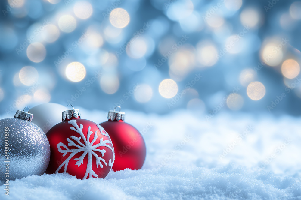 Φωτογραφία Close-up of red and silver Christmas ornaments resting in soft snow with a festive, blurred background of twinkling lights