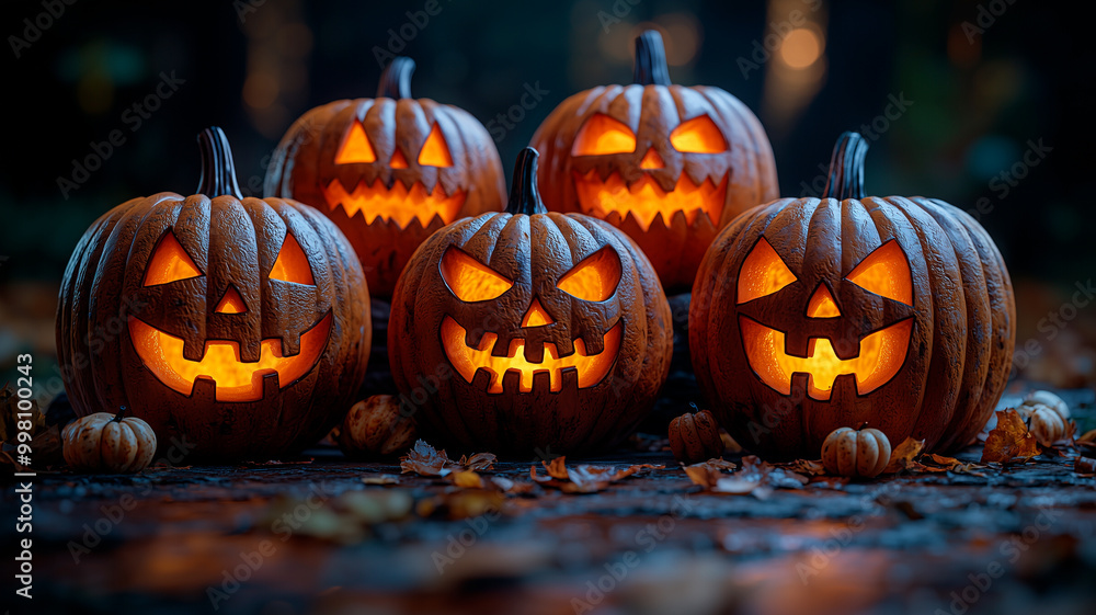 Group of Carved Jack-o'-Lanterns Glowing with Spooky Faces in the Dark Group of Carved Jack-o'-Lanterns Glowing with Spooky Faces in the Dark