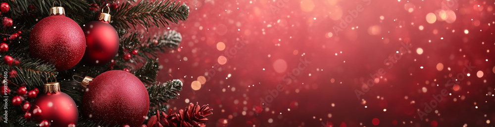 Red Christmas ornaments hang from pine branches, accented by berries and pine cones. A sparkling bokeh light effect adds a magical festive glow to the background Red Christmas ornaments hang from pine branches, accented by berries and pine cones. A sparkling bokeh light effect adds a magical festive glow to the background
