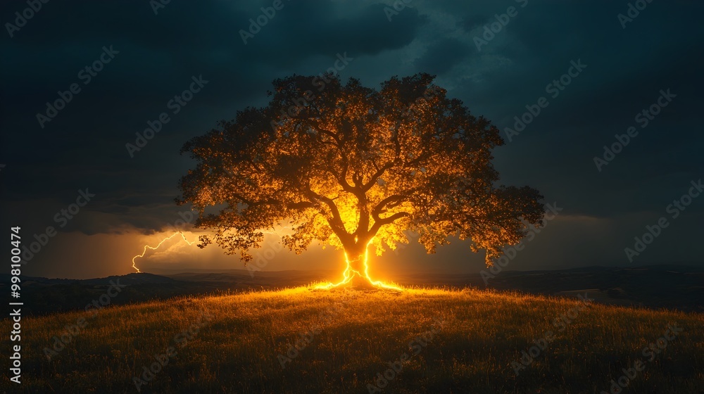 Fototapeta premium Dramatic Lightning Bolt Striking Solitary Oak Tree on Hill During Storm