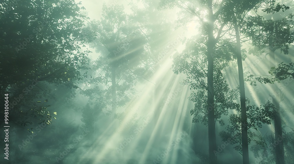 A dense forest blanketed in fog, with rays of sunlight piercing through the mist, creating an ethereal and contemplative atmosphere A dense forest blanketed in fog, with rays of sunlight piercing through the mist, creating an ethereal and contemplative atmosphere