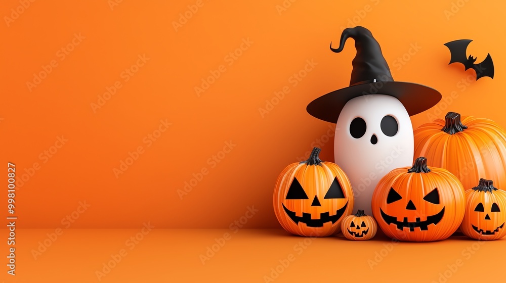 Playful Halloween scene with a ghost and carved pumpkins against an orange background. Playful Halloween scene with a ghost and carved pumpkins against an orange background.