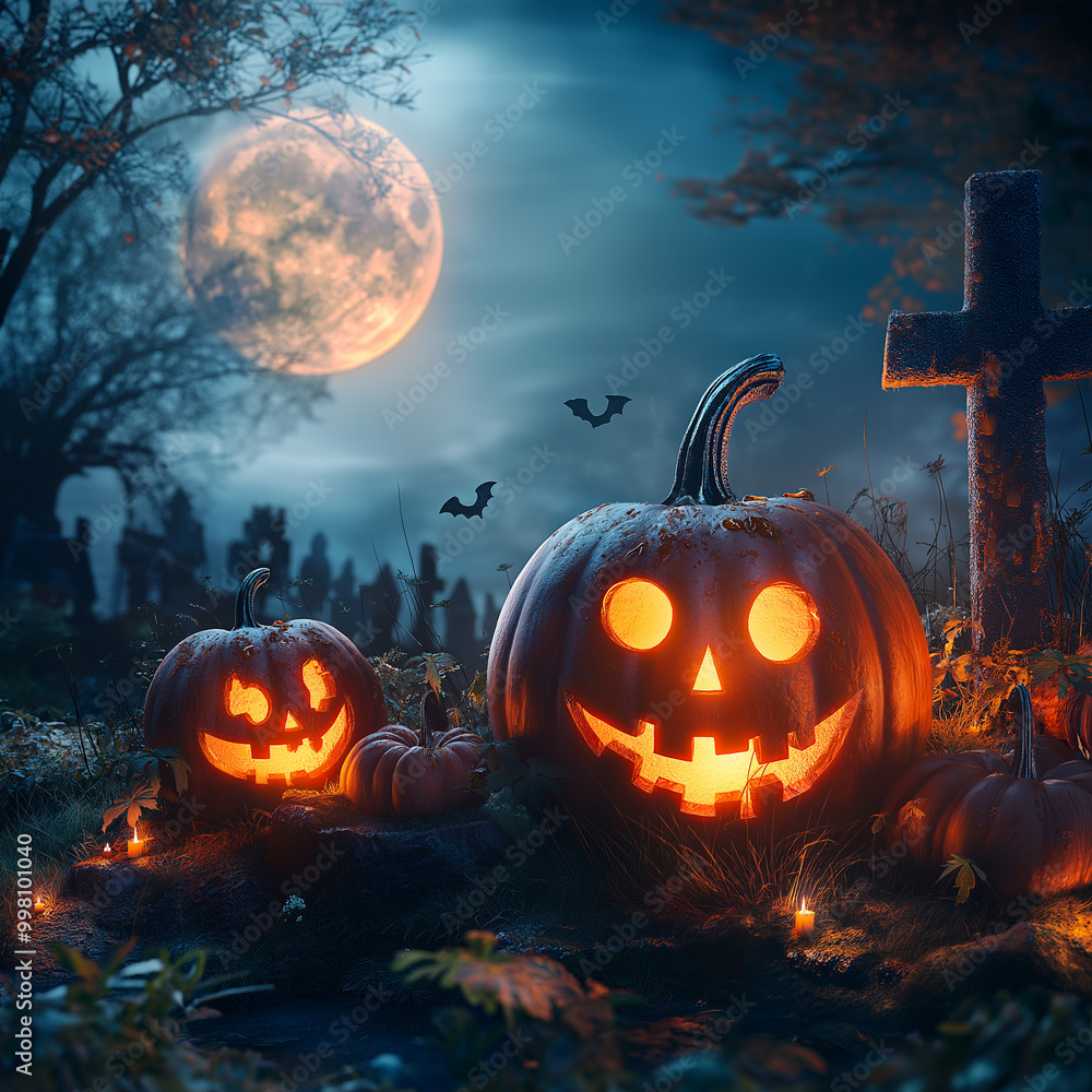 Jack O’ Lanterns Glowing At Moonlight In The Spooky Night - Halloween Scene Jack O’ Lanterns Glowing At Moonlight In The Spooky Night - Halloween Scene