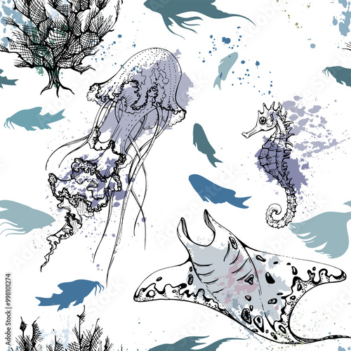 Marine life, sea ocean underwater creatures fish, shells algae seaweed, Ink and pen sketch hand drawn. Seamless pattern illustration, stylized, isolated on white. Zoo shop, aquarium, cosmetics, resort