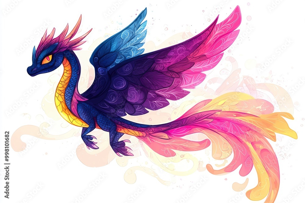 Obraz premium Colorful Dragon with Watercolor Wings and Tail