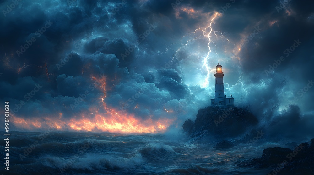 Powerful Lightning Bolt Striking Solitary Lighthouse on Rocky Cliff During Raging Storm Powerful Lightning Bolt Striking Solitary Lighthouse on Rocky Cliff During Raging Storm