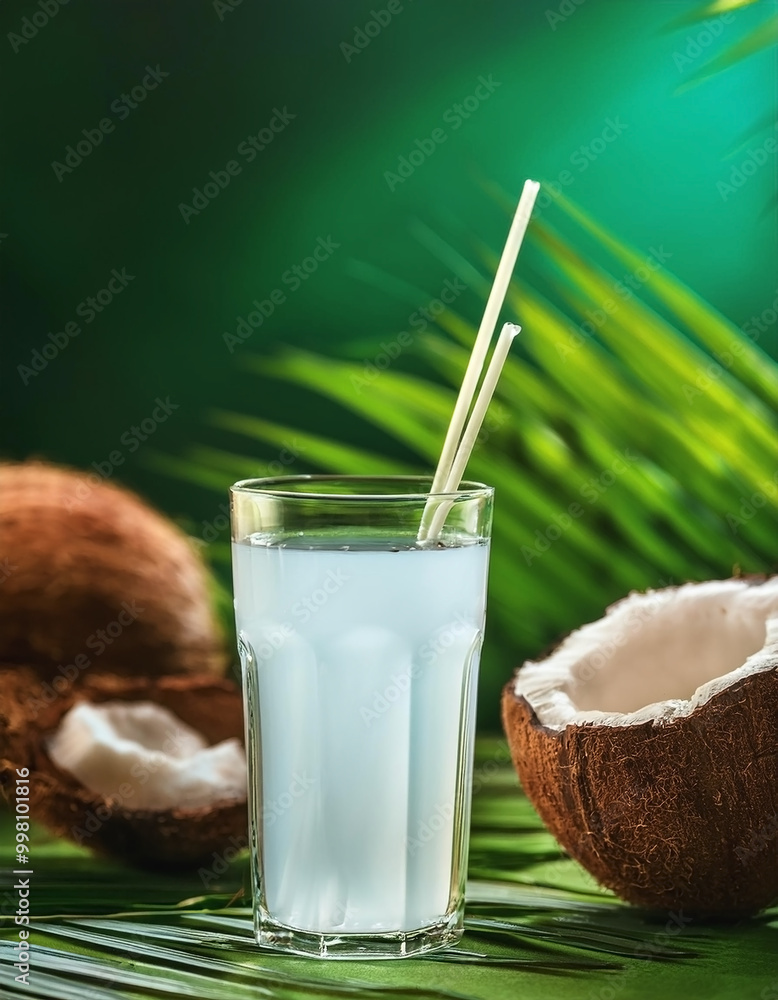 A glass of coconut water on a green tropical background A glass of coconut water on a green tropical background