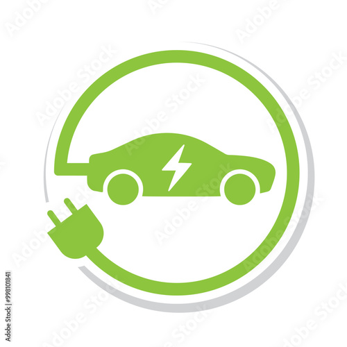 Electric car with plug green icon symbol.
