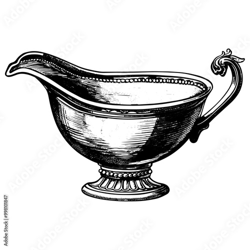 カレーを入れるグレイビーボートの銅版画のベクターイラスト。