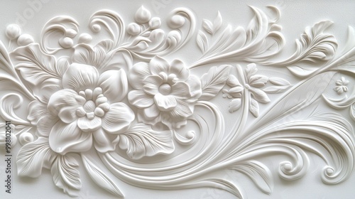 Featuring peonies and delicate blossoms on a smooth wall texture with a soft natural light, this white plaster relief ornament resembles a painting