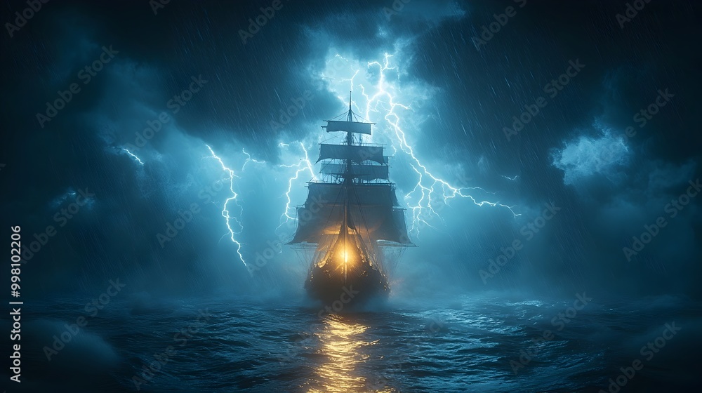 Obraz premium Dramatic Storm at Sea with Lightning Illuminating Powerful Ship