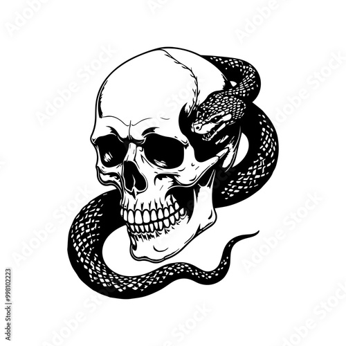 Intricate Blackwork Skull and Coiled Snake Tattoo Illustration