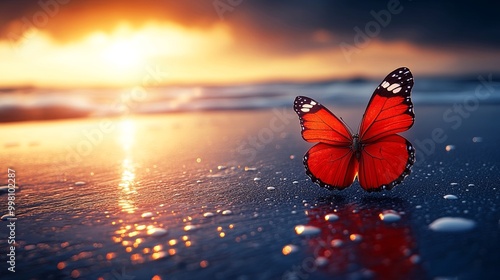 A lone butterfly rests on a wet sandy beach at sunset, with the golden sun reflecting off the water, creating a breathtakingly serene and peaceful scene. photo