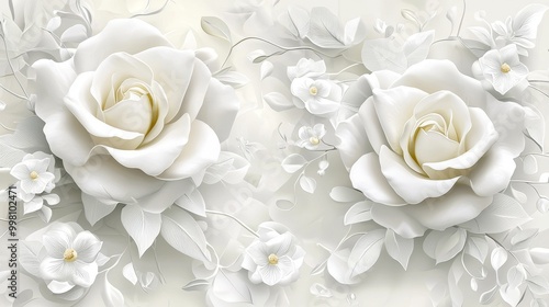 A stunning relief art piece made of white plaster showcasing intricate roses and blossoms in a stunning design