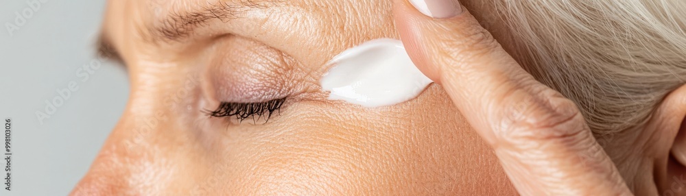 Fototapeta premium woman applying eye cream to her skin, focusing on skincare routine and beauty care for mature skin.