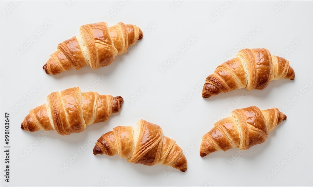 Five golden brown croissants arranged on a white surface Five golden brown croissants arranged on a white surface