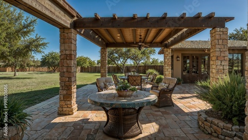 An outdoor patio area with a wooden pergola and stone columns offers a cozy dining space. The natural stone flooring and garden plants add charm and warmth to this rustic Texas ranch retreat.