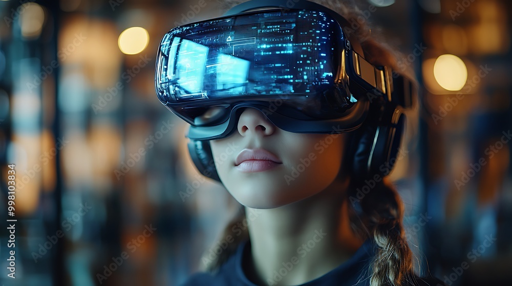 School student with VR headset using AI artificial intelligence technology & machine learning. Interactive technology in classroom. Innovation & smart tech. AI blue hologram in education School student with VR headset using AI artificial intelligence technology & machine learning. Interactive technology in classroom. Innovation & smart tech. AI blue hologram in education