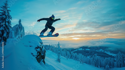 un snowboardeur en hors piste au milieu des sapins saute dans la neige poudreuse photo