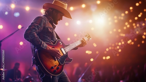 Country music festival with guitarist on stage wearing cowboy hat playing country western music photo