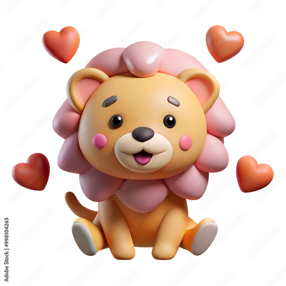 Cute Cartoon Lion Surrounded by Heart Icons with Playful Expression Cute Cartoon Lion Surrounded by Heart Icons with Playful Expression
