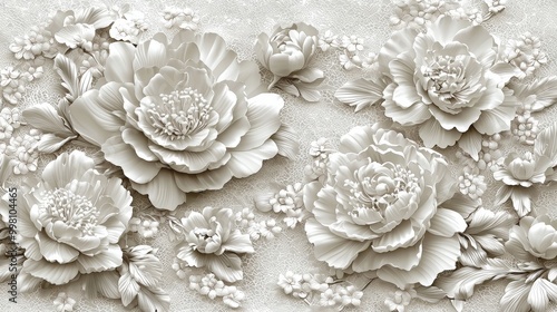 Elegant white floral relief sculpture with peonies on cream backdrop displays intricate design and artistry