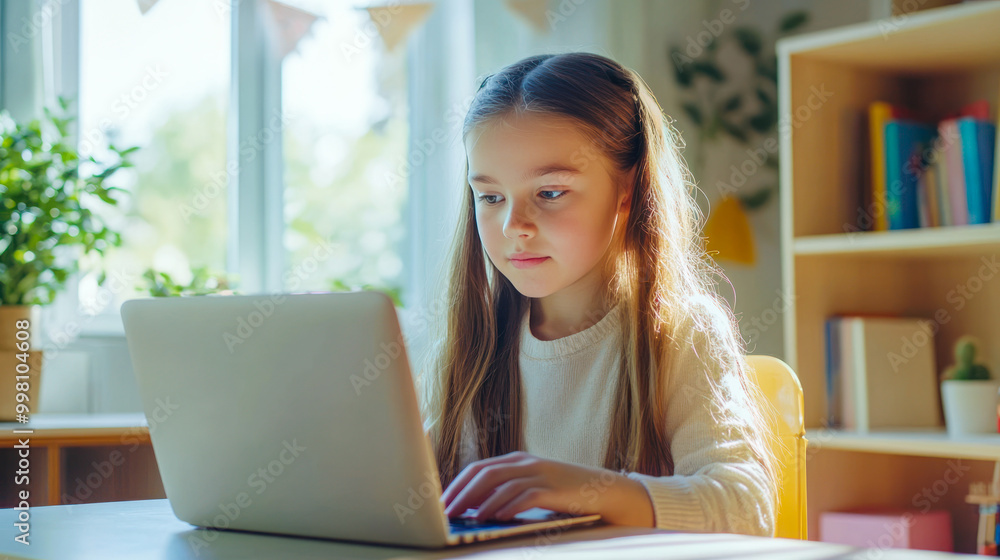 Cute schoolgirl studying online at home talking to teacher via video call. Caucasian schoolgirl sitting at desk and using computer doing homework. Online education, e-learning, distant education Cute schoolgirl studying online at home talking to teacher via video call. Caucasian schoolgirl sitting at desk and using computer doing homework. Online education, e-learning, distant education