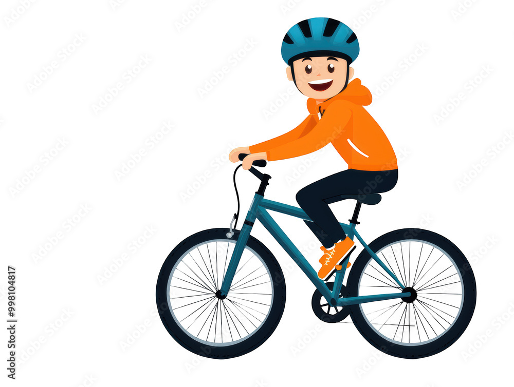 cheerful young man riding bicycle, wearing blue helmet and orange hoodie, enjoying sunny day outdoors. cheerful young man riding bicycle, wearing blue helmet and orange hoodie, enjoying sunny day outdoors.