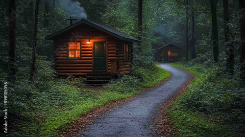 A rustic wooden cabin with a warm glow illuminating the window, nestled in a dense forest with a winding path leading towards it, creating a sense of peaceful seclusion and tranquility.