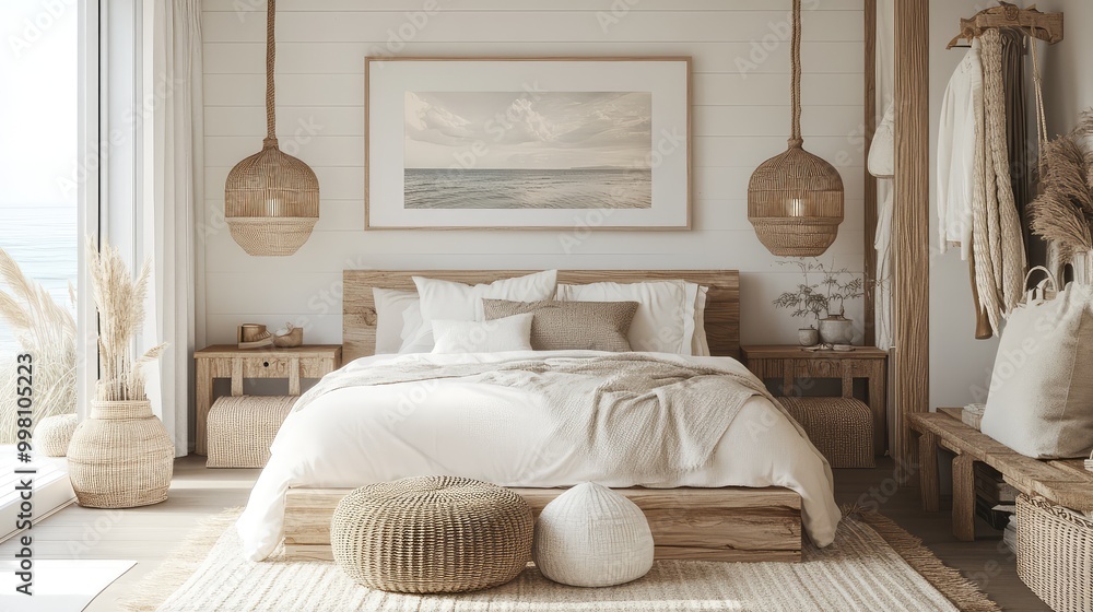 A Scandinavian coastal bedroom, with light wood accents, neutral tones, and ocean-inspired decor, creating a relaxed, airy vibe A Scandinavian coastal bedroom, with light wood accents, neutral tones, and ocean-inspired decor, creating a relaxed, airy vibe