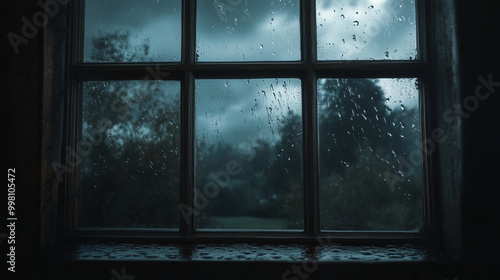 Gazing out a window adorned with raindrops, the stormy sky looms overhead, creating a dramatic and moody atmosphere. 