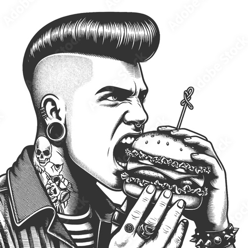 punk rocker with a pompadour haircut, piercings, and tattoos, eating a burger, rebellious attitude sketch engraving generative ai vector illustration. Scratch board imitation. Black and white image.