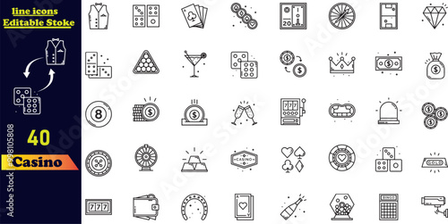 Casino stroke icon set featuring bingo, croupier, dice, poker cards, entrance, playing cards, roulette wheel, gifts, poker table, chips, and more. Editable outline icon collection.