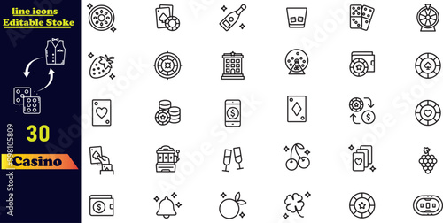 Casino stroke icon set featuring bingo, croupier, dice, poker cards, entrance, playing cards, roulette wheel, gifts, poker table, chips, and more. Editable outline icon collection.