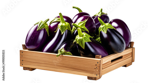 Collection Of Eggplants in wooden box isolated on background PNG.