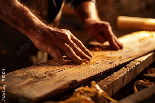 A skilled craftsman diligently working on shaping and finishing a wooden board in his workshop. Generative AI