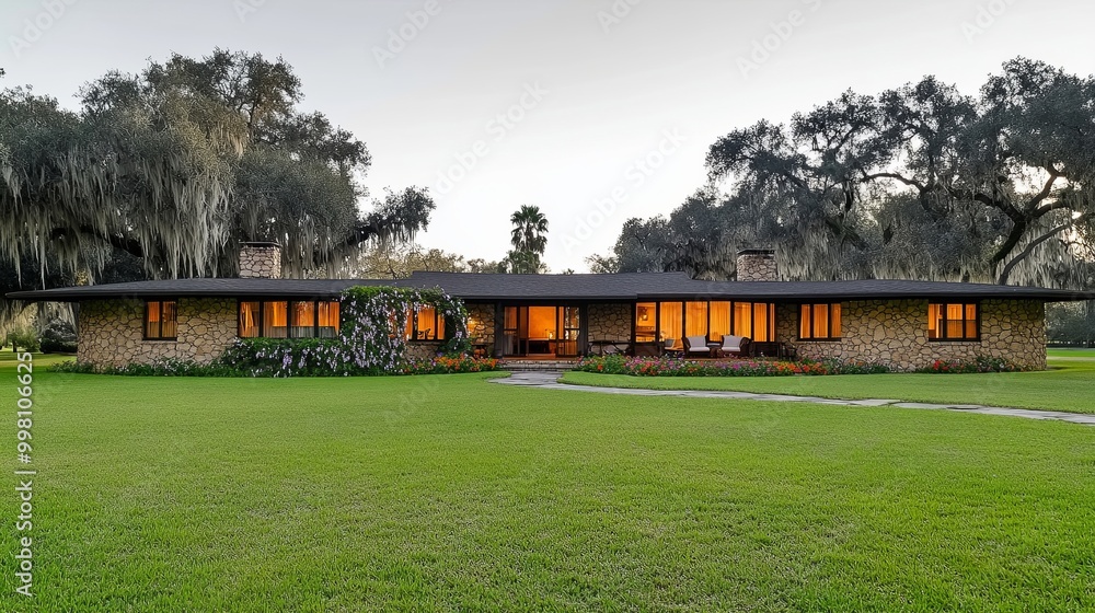 A contemporary stone house with a sprawling green lawn and lush foliage under a twilight sky