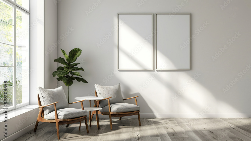 Fototapeta premium Interior of a minimalist living room with nordic design, chairs, and table with a blank image frame mockup on a white wall in a minimalistic modern interior room