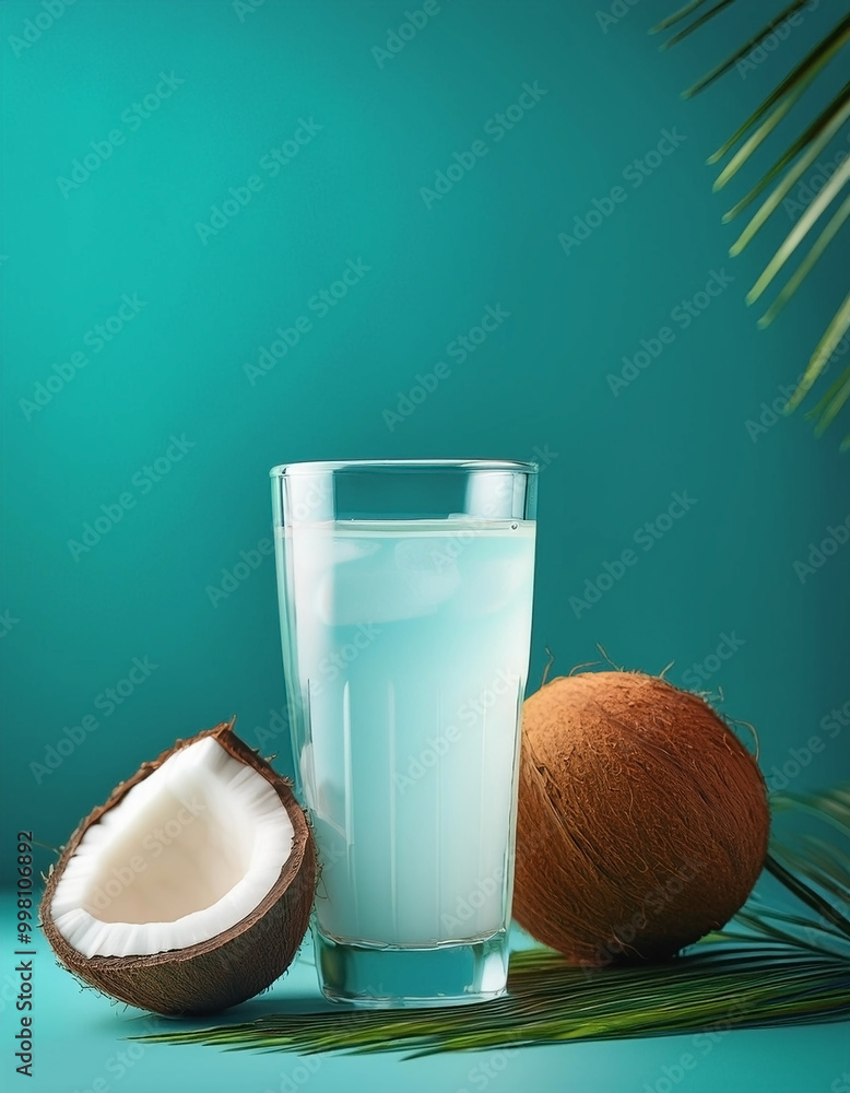 A glass of coconut water on a turquoise background A glass of coconut water on a turquoise background