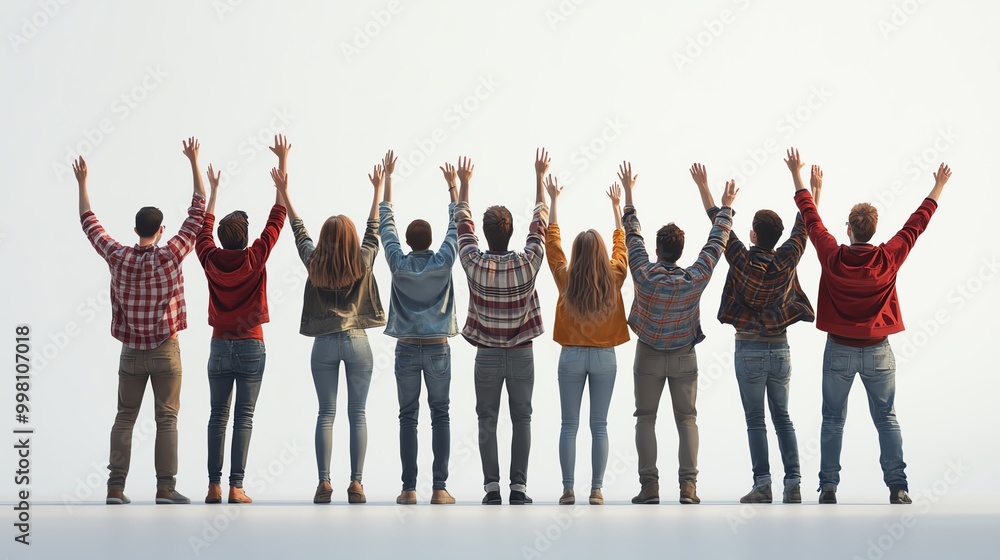 Fototapeta premium Celebrating Unity and Joy A diverse group of people stand back-to-back with their arms raised in celebration. The image symbolizes unity, teamwork, and success.