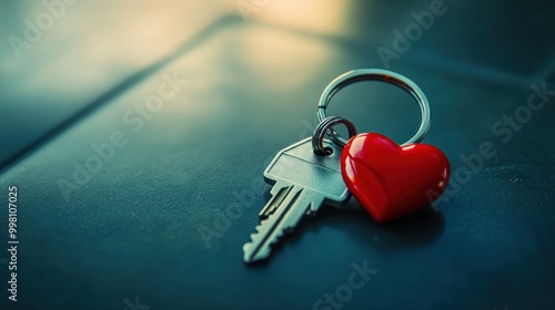 Heartfelt Homeownership. A pair of keys with a house-shaped keyring and a red heart, symbolizing love and the emotional value of a home photo